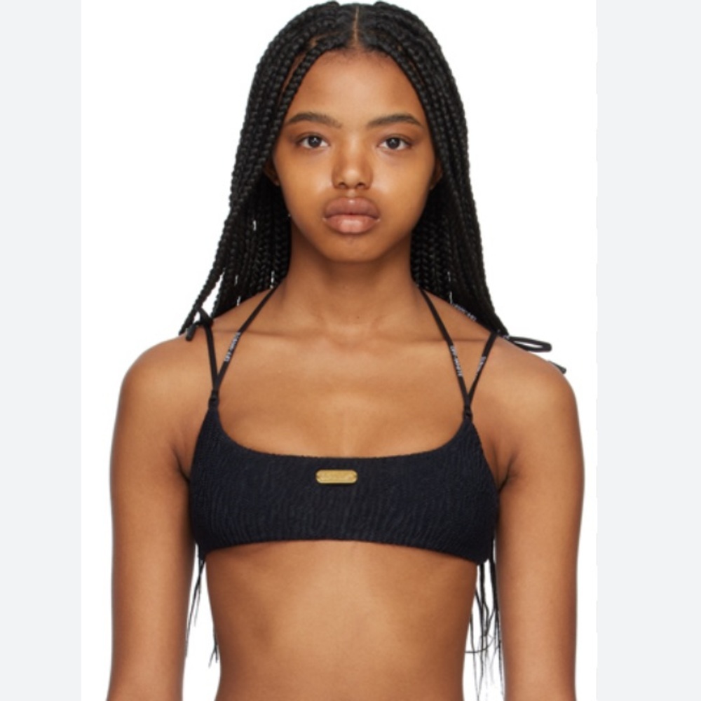 OFF-WHITE Seersucker Logo Bikini Top in Black XS Size 2 NWT $620
